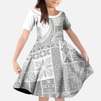 Samoa Siapo White Sunday Family Matching Off The Shoulder Long Sleeve Dress and Hawaiian Shirt Lotu Tamaiti Polynesian White Pattern LT9 Daughter's Dress White - Polynesian Pride