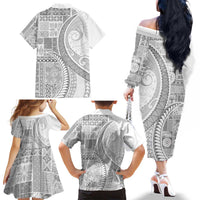 Samoa Siapo White Sunday Family Matching Off The Shoulder Long Sleeve Dress and Hawaiian Shirt Lotu Tamaiti Polynesian White Pattern LT9 - Polynesian Pride