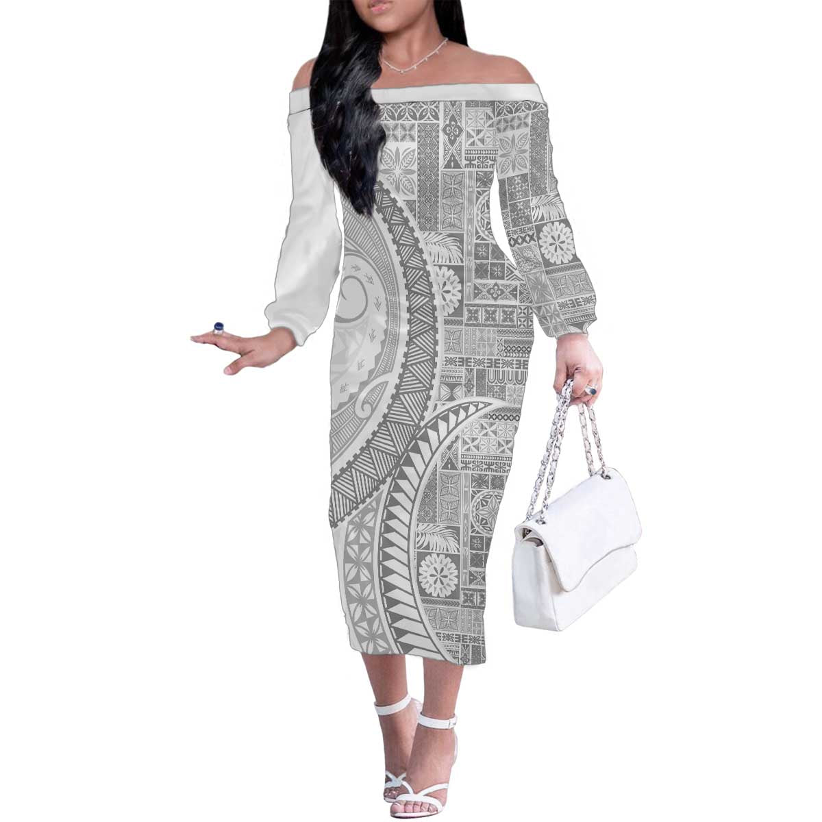 Samoa Siapo White Sunday Family Matching Off The Shoulder Long Sleeve Dress and Hawaiian Shirt Lotu Tamaiti Polynesian White Pattern LT9 Mom's Dress White - Polynesian Pride