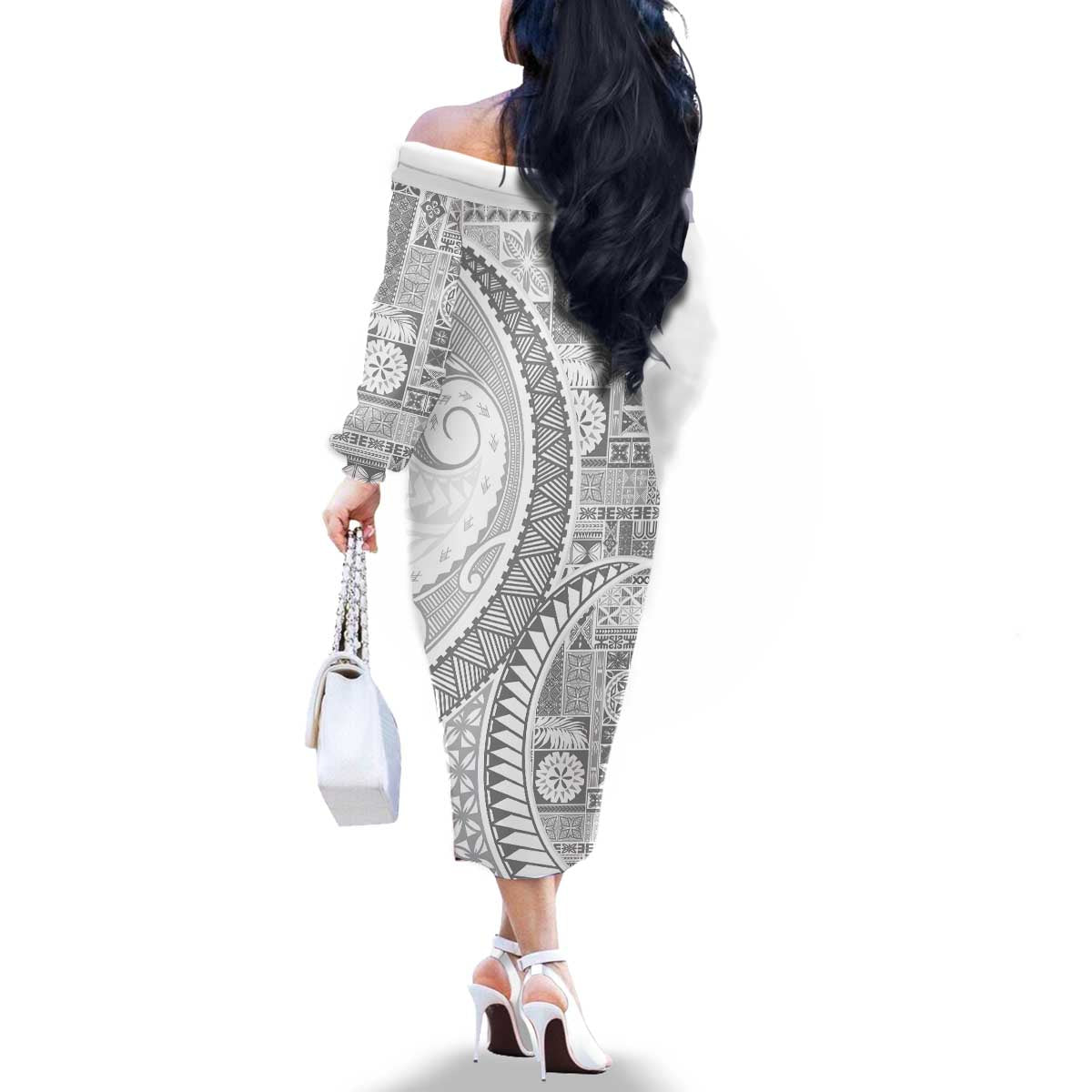 Samoa Siapo White Sunday Family Matching Off The Shoulder Long Sleeve Dress and Hawaiian Shirt Lotu Tamaiti Polynesian White Pattern LT9 - Polynesian Pride