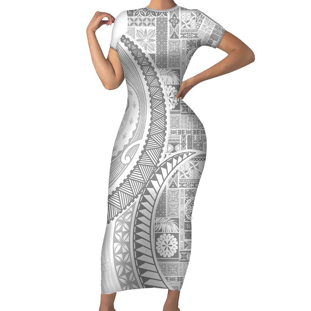 Samoa Siapo White Sunday Family Matching Short Sleeve Bodycon Dress and Hawaiian Shirt Lotu Tamaiti Polynesian White Pattern LT9 Mom's Dress White - Polynesian Pride
