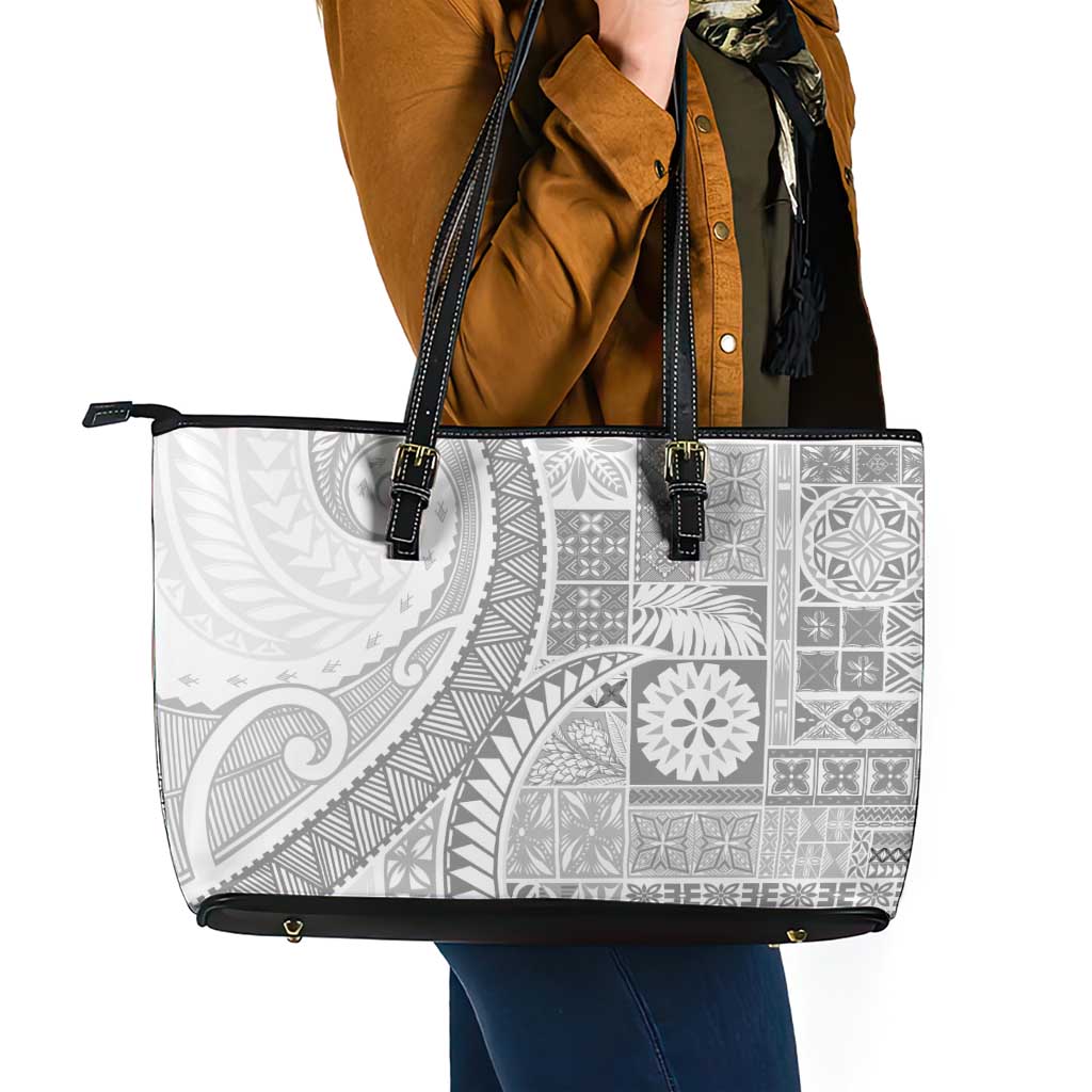 Samoa Siapo White Sunday Leather Tote Bag Lotu Tamaiti Polynesian White Pattern - Polynesian Pride