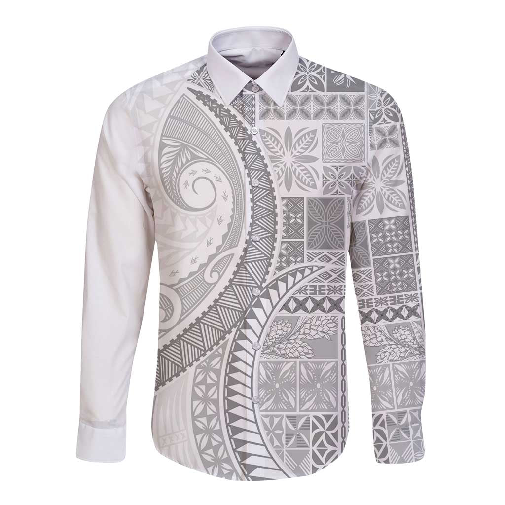 Samoa Siapo White Sunday Long Sleeve Button Shirt Lotu Tamaiti Polynesian White Pattern - Polynesian Pride