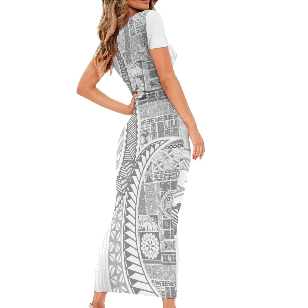 Samoa Siapo White Sunday Short Sleeve Bodycon Dress Lotu Tamaiti Polynesian White Pattern - Polynesian Pride