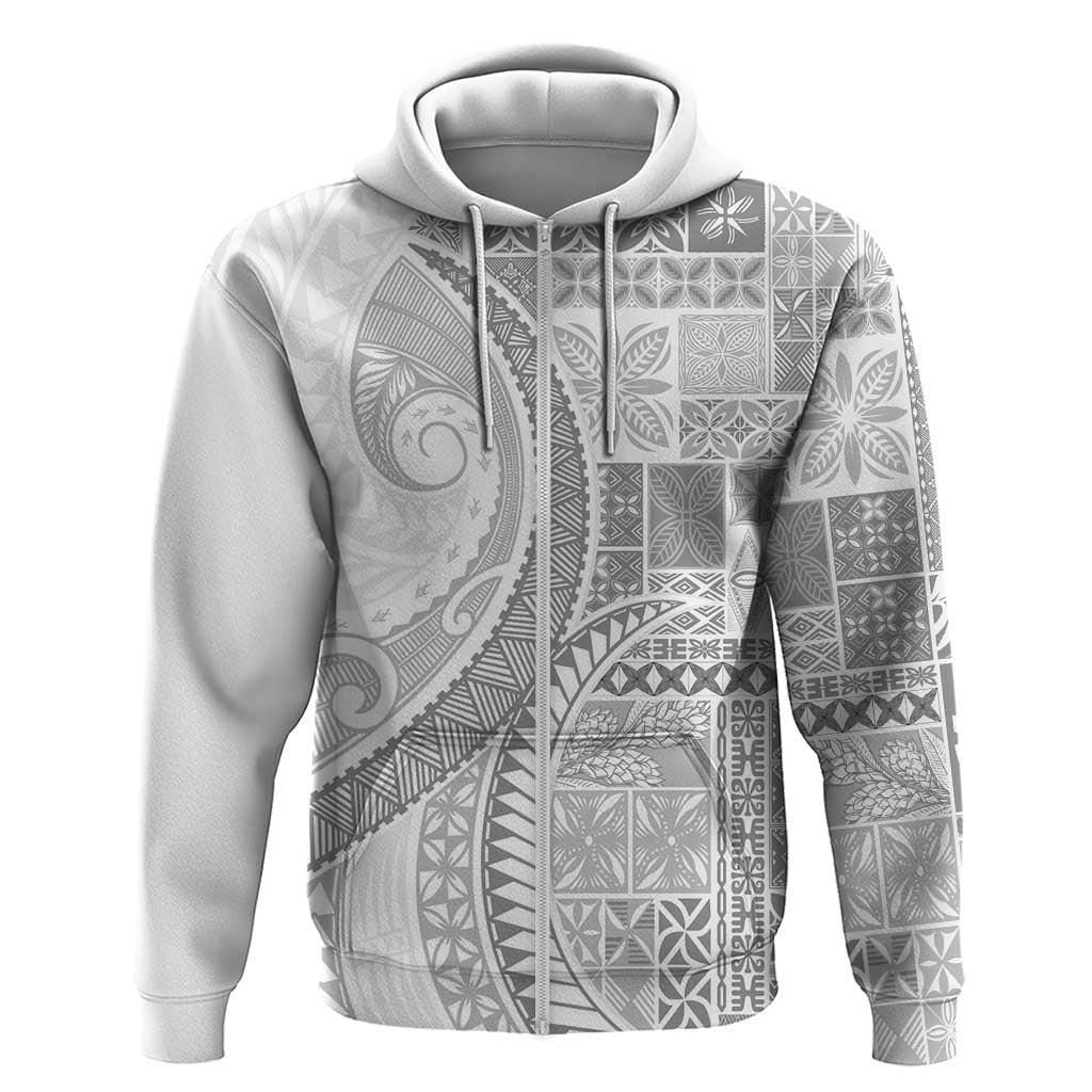 Samoa Siapo White Sunday Zip Hoodie Lotu Tamaiti Polynesian White Pattern - Polynesian Pride