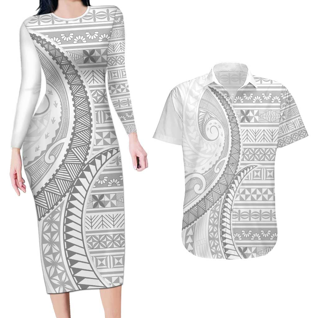 Tokelau White Sunday Couples Matching Long Sleeve Bodycon Dress and Hawaiian Shirt Lotu Tamaiti Ngatu Tokelau Feletoa Manulua LT9 White - Polynesian Pride