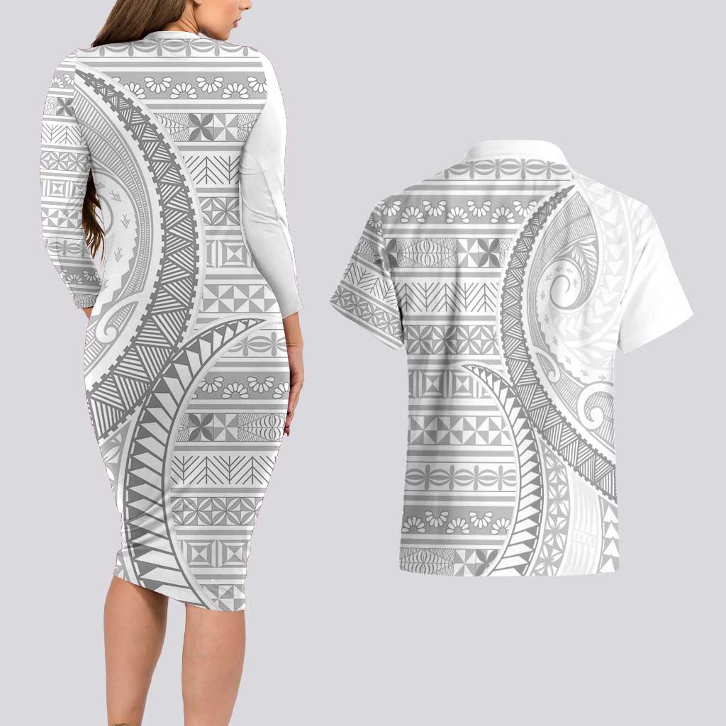 Tokelau White Sunday Couples Matching Long Sleeve Bodycon Dress and Hawaiian Shirt Lotu Tamaiti Ngatu Tokelau Feletoa Manulua LT9 - Polynesian Pride