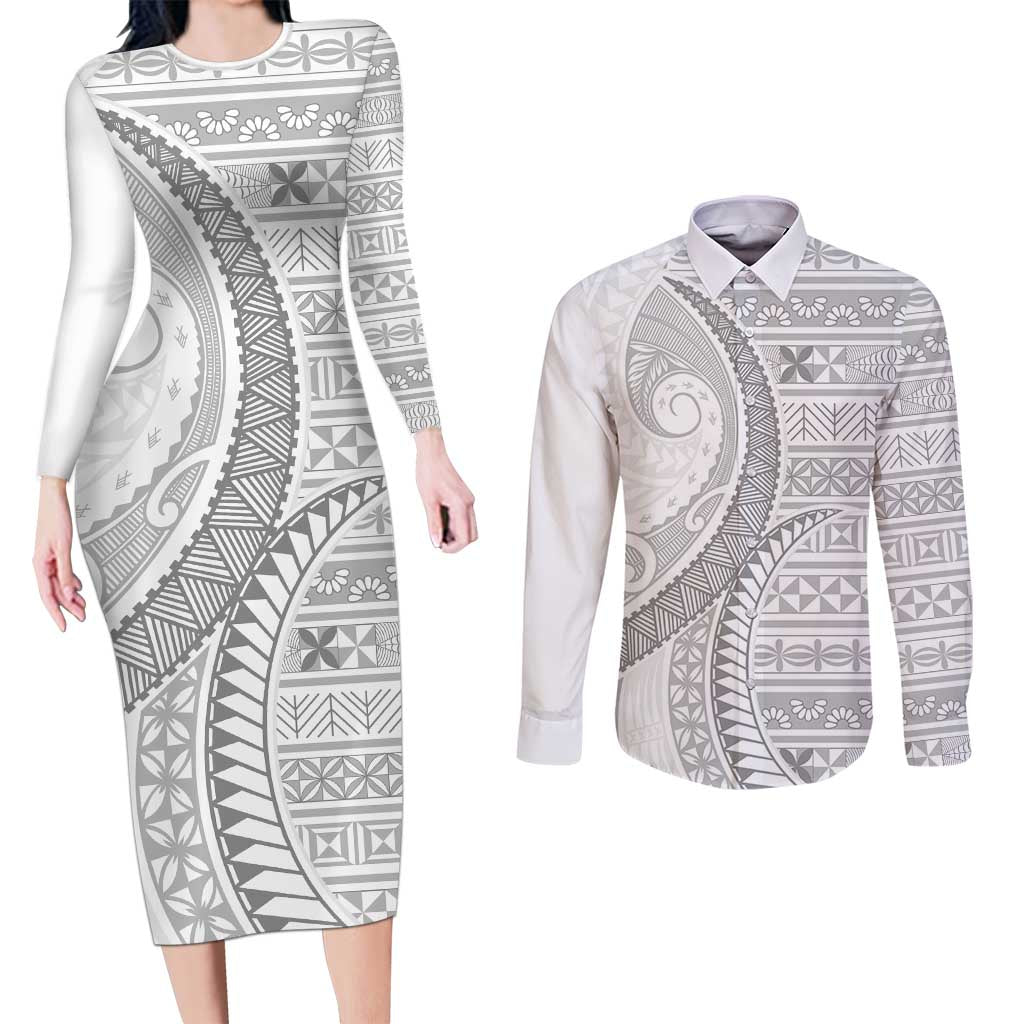 Tokelau White Sunday Couples Matching Long Sleeve Bodycon Dress and Long Sleeve Button Shirt Lotu Tamaiti Ngatu Tokelau Feletoa Manulua LT9 White - Polynesian Pride