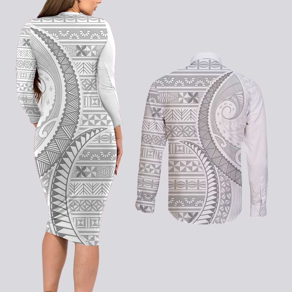 Tokelau White Sunday Couples Matching Long Sleeve Bodycon Dress and Long Sleeve Button Shirt Lotu Tamaiti Ngatu Tokelau Feletoa Manulua LT9 - Polynesian Pride