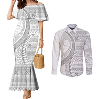 Tokelau White Sunday Couples Matching Mermaid Dress and Long Sleeve Button Shirt Lotu Tamaiti Ngatu Tokelau Feletoa Manulua LT9 White - Polynesian Pride