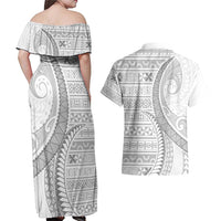 Tokelau White Sunday Couples Matching Off Shoulder Maxi Dress and Hawaiian Shirt Lotu Tamaiti Ngatu Tokelau Feletoa Manulua LT9 - Polynesian Pride