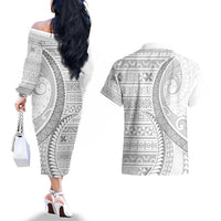 Tokelau White Sunday Couples Matching Off The Shoulder Long Sleeve Dress and Hawaiian Shirt Lotu Tamaiti Ngatu Tokelau Feletoa Manulua LT9 - Polynesian Pride