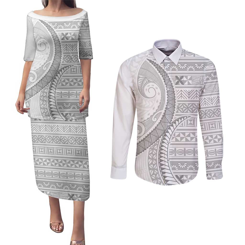 Tokelau White Sunday Couples Matching Puletasi and Long Sleeve Button Shirt Lotu Tamaiti Ngatu Tokelau Feletoa Manulua LT9 White - Polynesian Pride