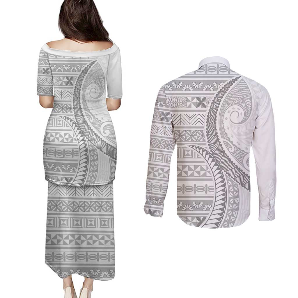 Tokelau White Sunday Couples Matching Puletasi and Long Sleeve Button Shirt Lotu Tamaiti Ngatu Tokelau Feletoa Manulua LT9 - Polynesian Pride