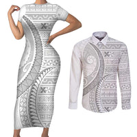 Tokelau White Sunday Couples Matching Short Sleeve Bodycon Dress and Long Sleeve Button Shirt Lotu Tamaiti Ngatu Tokelau Feletoa Manulua LT9 White - Polynesian Pride
