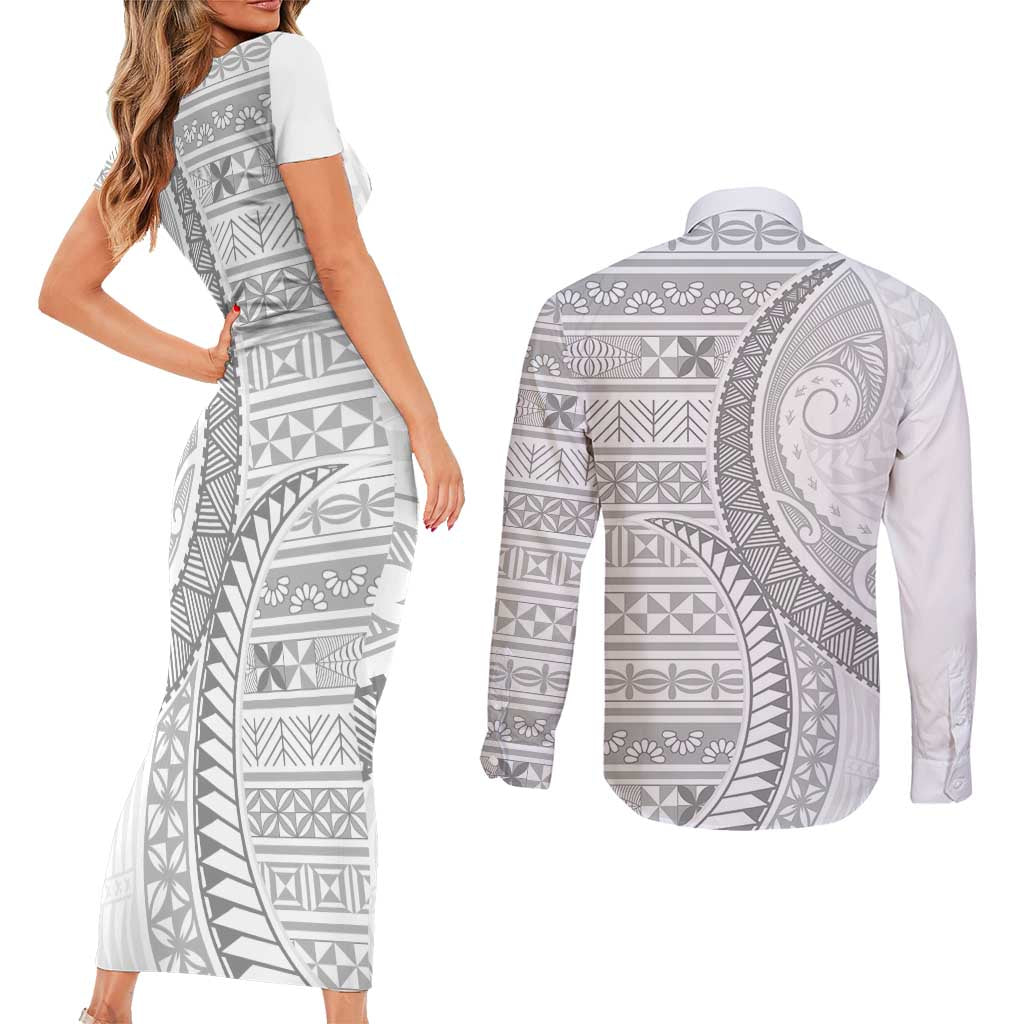 Tokelau White Sunday Couples Matching Short Sleeve Bodycon Dress and Long Sleeve Button Shirt Lotu Tamaiti Ngatu Tokelau Feletoa Manulua LT9 - Polynesian Pride
