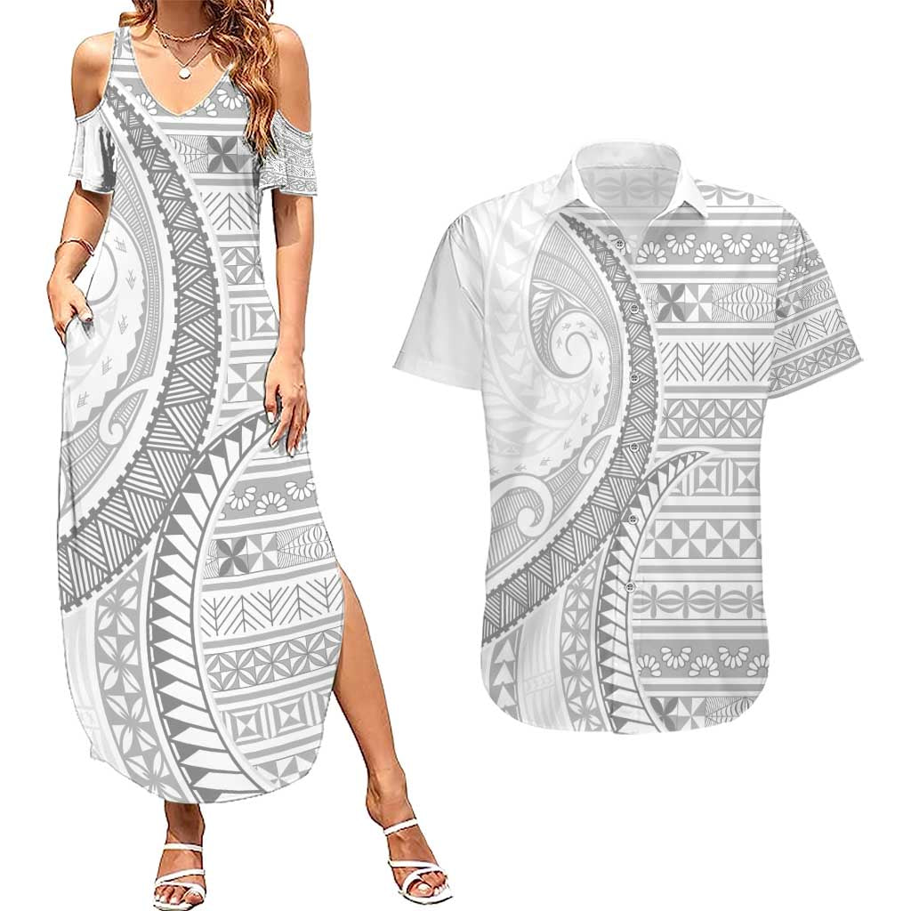 Tokelau White Sunday Couples Matching Summer Maxi Dress and Hawaiian Shirt Lotu Tamaiti Ngatu Tokelau Feletoa Manulua LT9 White - Polynesian Pride