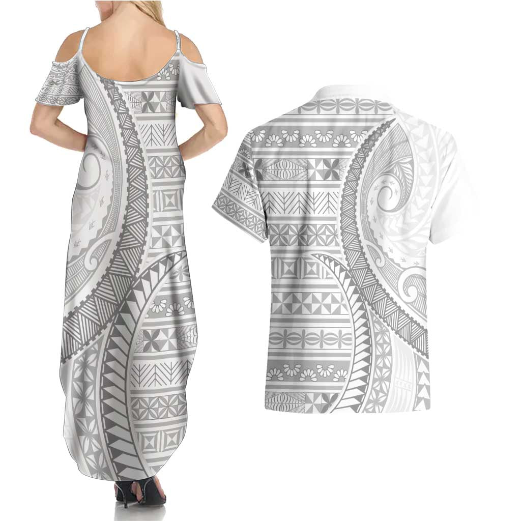 Tokelau White Sunday Couples Matching Summer Maxi Dress and Hawaiian Shirt Lotu Tamaiti Ngatu Tokelau Feletoa Manulua LT9 - Polynesian Pride