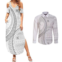Tokelau White Sunday Couples Matching Summer Maxi Dress and Long Sleeve Button Shirt Lotu Tamaiti Ngatu Tokelau Feletoa Manulua LT9 White - Polynesian Pride