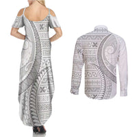 Tokelau White Sunday Couples Matching Summer Maxi Dress and Long Sleeve Button Shirt Lotu Tamaiti Ngatu Tokelau Feletoa Manulua LT9 - Polynesian Pride