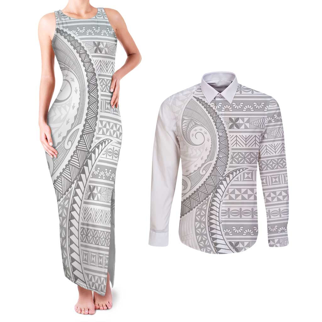Tokelau White Sunday Couples Matching Tank Maxi Dress and Long Sleeve Button Shirt Lotu Tamaiti Ngatu Tokelau Feletoa Manulua LT9 White - Polynesian Pride