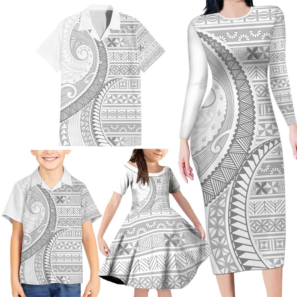 Tokelau White Sunday Family Matching Long Sleeve Bodycon Dress and Hawaiian Shirt Lotu Tamaiti Ngatu Tokelau Feletoa Manulua LT9 - Polynesian Pride