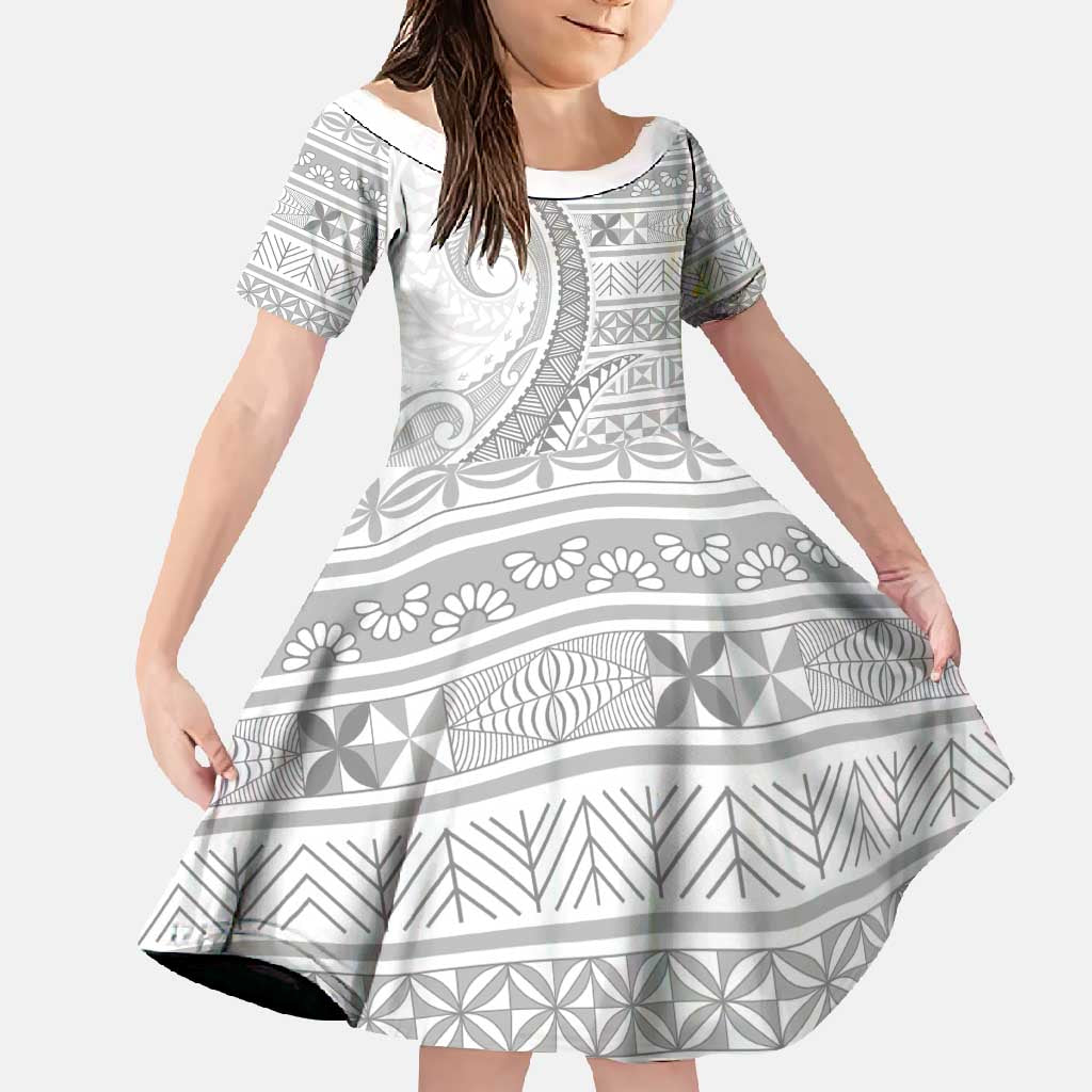 Tokelau White Sunday Family Matching Off Shoulder Maxi Dress and Hawaiian Shirt Lotu Tamaiti Ngatu Tokelau Feletoa Manulua LT9 Daughter's Dress White - Polynesian Pride