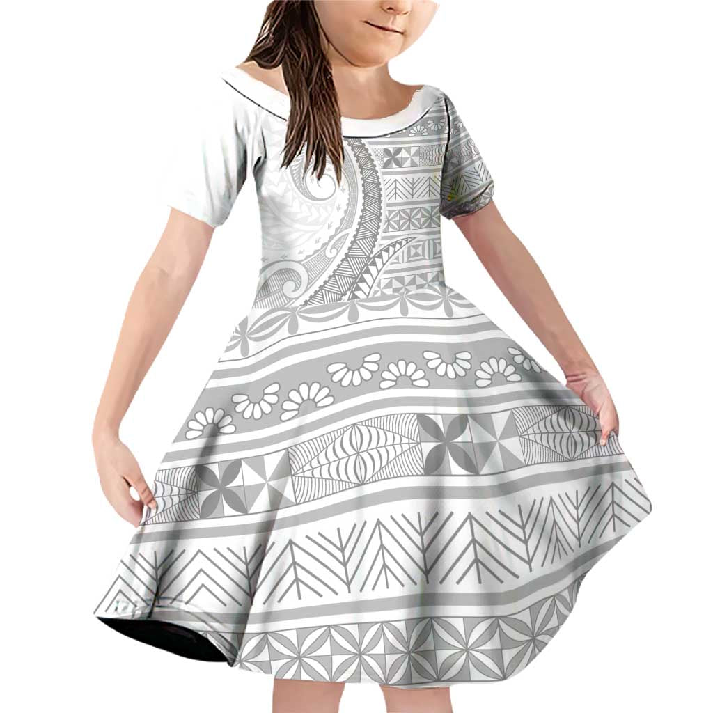 Tokelau White Sunday Family Matching Off Shoulder Short Dress and Hawaiian Shirt Lotu Tamaiti Ngatu Tokelau Feletoa Manulua LT9 Daughter's Dress White - Polynesian Pride