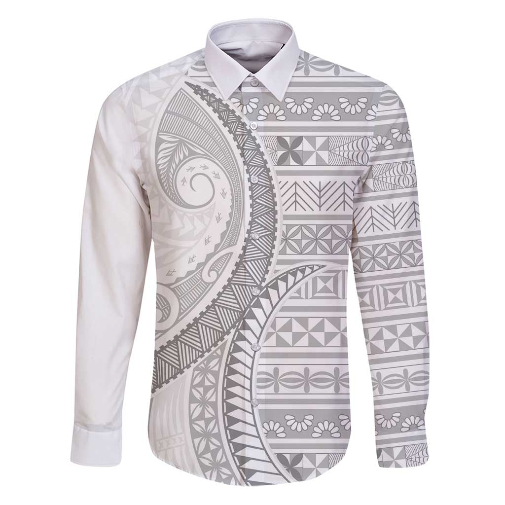 Tokelau White Sunday Family Matching Puletasi and Hawaiian Shirt Lotu Tamaiti Ngatu Tokelau Feletoa Manulua LT9 Dad's Shirt - Long Sleeve White - Polynesian Pride