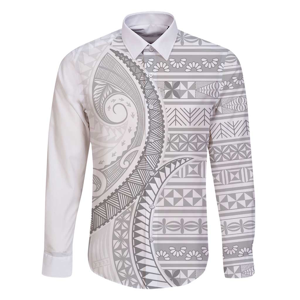 Tokelau White Sunday Family Matching Tank Maxi Dress and Hawaiian Shirt Lotu Tamaiti Ngatu Tokelau Feletoa Manulua LT9 Dad's Shirt - Long Sleeve White - Polynesian Pride