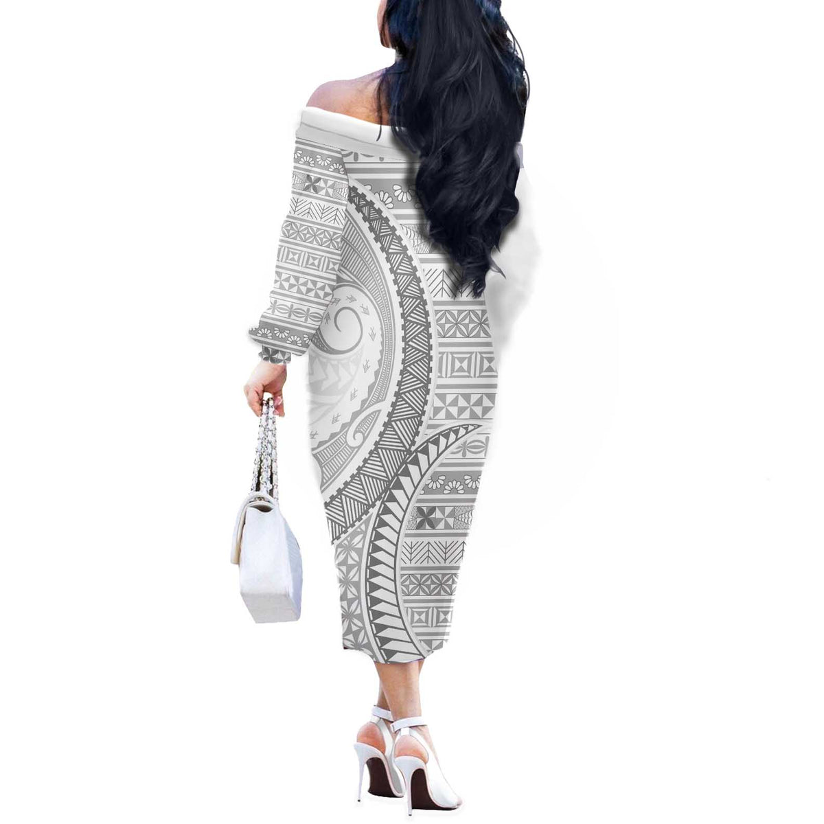 Tokelau White Sunday Off The Shoulder Long Sleeve Dress Lotu Tamaiti Ngatu Tokelau Feletoa Manulua LT9 - Polynesian Pride