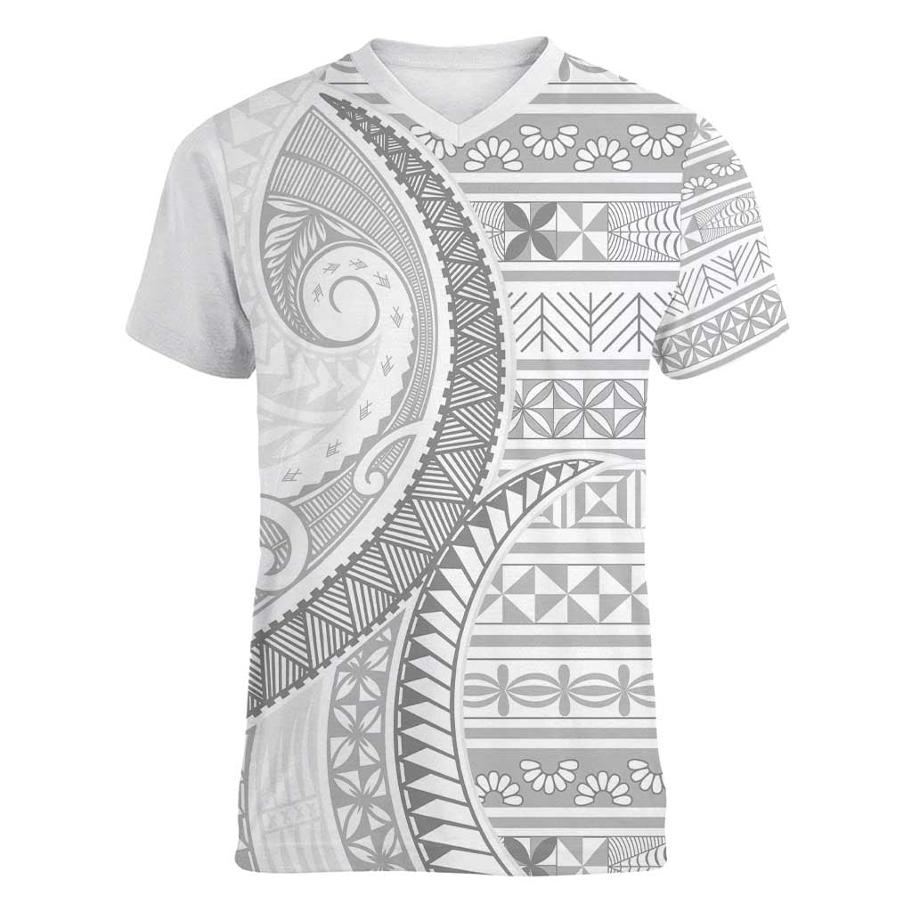 Tokelau White Sunday Women V-Neck T-Shirt Lotu Tamaiti Ngatu Tokelau Feletoa Manulua LT9 Female White - Polynesian Pride