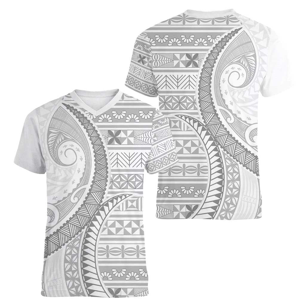 Tokelau White Sunday Women V-Neck T-Shirt Lotu Tamaiti Ngatu Tokelau Feletoa Manulua LT9 - Polynesian Pride