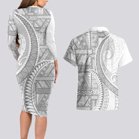 Tonga White Sunday Couples Matching Long Sleeve Bodycon Dress and Hawaiian Shirt Lotu Tamaiti Ngatu Tribal LT9 - Polynesian Pride