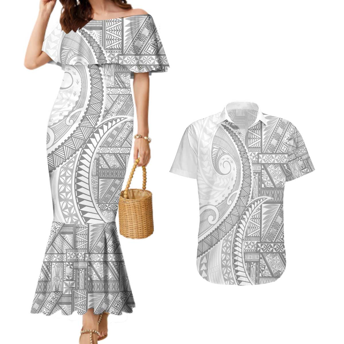 Tonga White Sunday Couples Matching Mermaid Dress and Hawaiian Shirt Lotu Tamaiti Ngatu Tribal LT9 White - Polynesian Pride