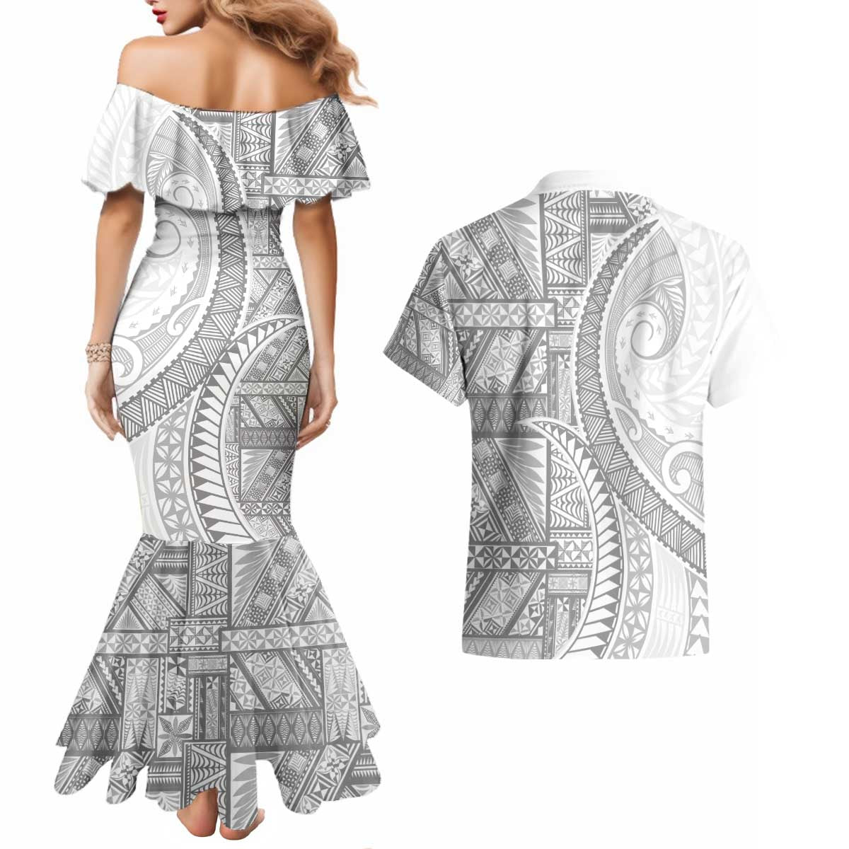 Tonga White Sunday Couples Matching Mermaid Dress and Hawaiian Shirt Lotu Tamaiti Ngatu Tribal LT9 - Polynesian Pride