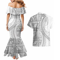 Tonga White Sunday Couples Matching Mermaid Dress and Hawaiian Shirt Lotu Tamaiti Ngatu Tribal LT9 - Polynesian Pride