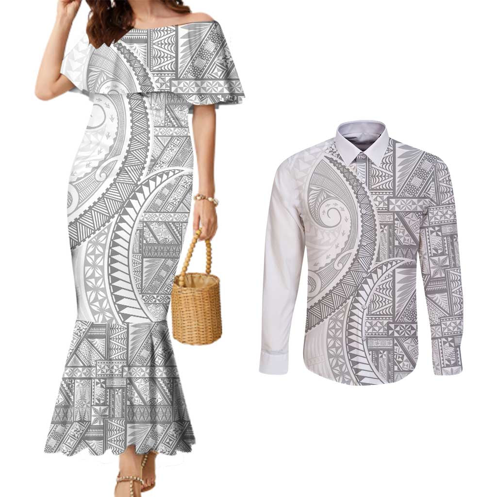 Tonga White Sunday Couples Matching Mermaid Dress and Long Sleeve Button Shirt Lotu Tamaiti Ngatu Tribal LT9 White - Polynesian Pride