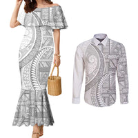 Tonga White Sunday Couples Matching Mermaid Dress and Long Sleeve Button Shirt Lotu Tamaiti Ngatu Tribal LT9 White - Polynesian Pride