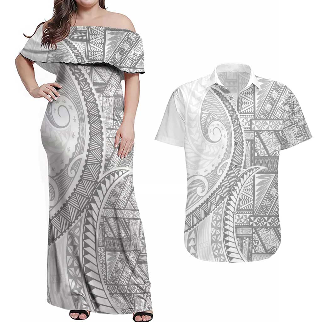 Tonga White Sunday Couples Matching Off Shoulder Maxi Dress and Hawaiian Shirt Lotu Tamaiti Ngatu Tribal LT9 White - Polynesian Pride
