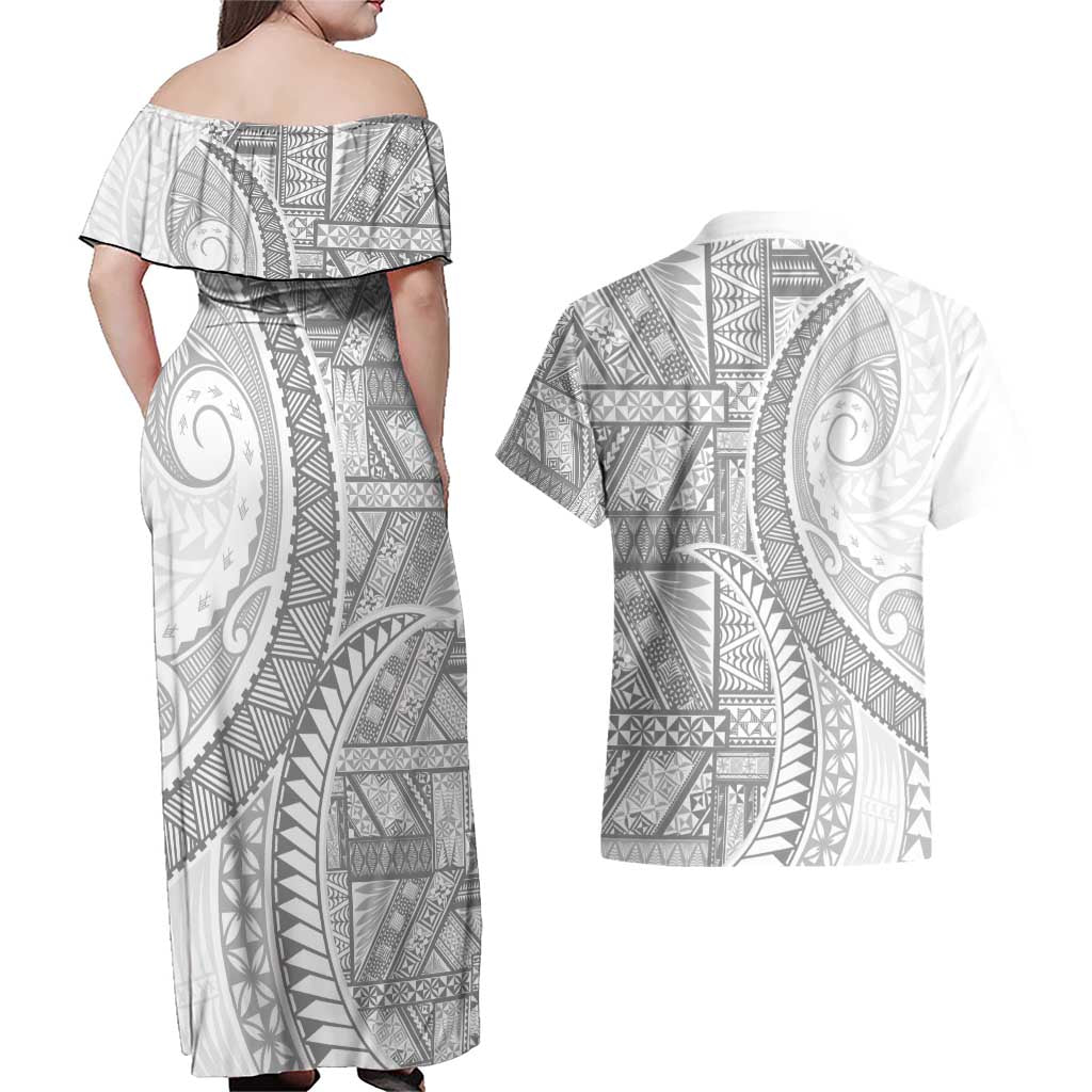 Tonga White Sunday Couples Matching Off Shoulder Maxi Dress and Hawaiian Shirt Lotu Tamaiti Ngatu Tribal LT9 - Polynesian Pride