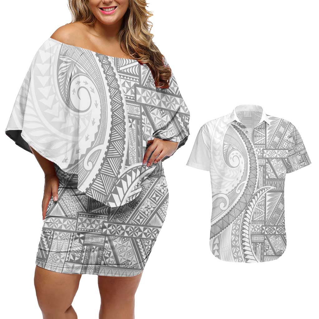Tonga White Sunday Couples Matching Off Shoulder Short Dress and Hawaiian Shirt Lotu Tamaiti Ngatu Tribal LT9 White - Polynesian Pride
