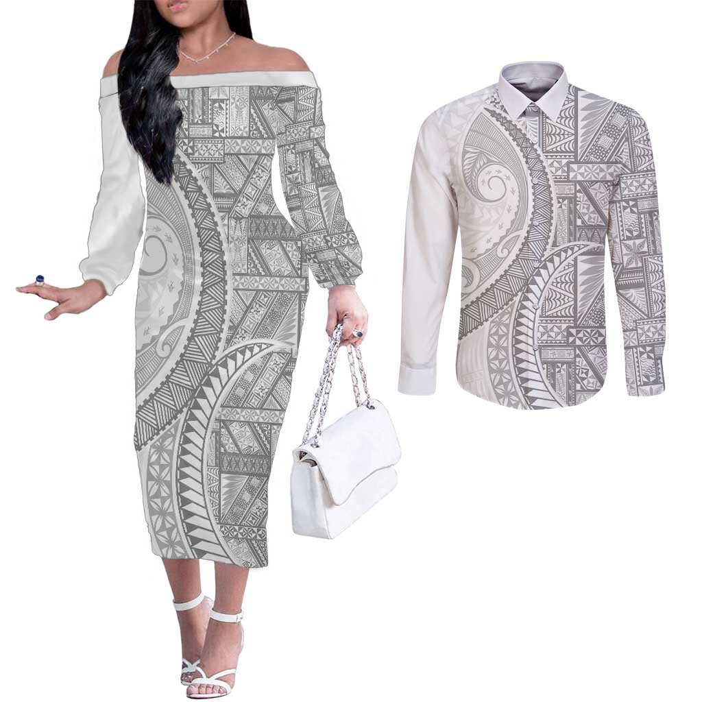 Tonga White Sunday Couples Matching Off The Shoulder Long Sleeve Dress and Long Sleeve Button Shirt Lotu Tamaiti Ngatu Tribal LT9 White - Polynesian Pride