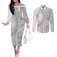 Tonga White Sunday Couples Matching Off The Shoulder Long Sleeve Dress and Long Sleeve Button Shirt Lotu Tamaiti Ngatu Tribal LT9 White - Polynesian Pride