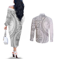 Tonga White Sunday Couples Matching Off The Shoulder Long Sleeve Dress and Long Sleeve Button Shirt Lotu Tamaiti Ngatu Tribal LT9 - Polynesian Pride