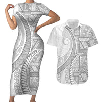 Tonga White Sunday Couples Matching Short Sleeve Bodycon Dress and Hawaiian Shirt Lotu Tamaiti Ngatu Tribal LT9 White - Polynesian Pride