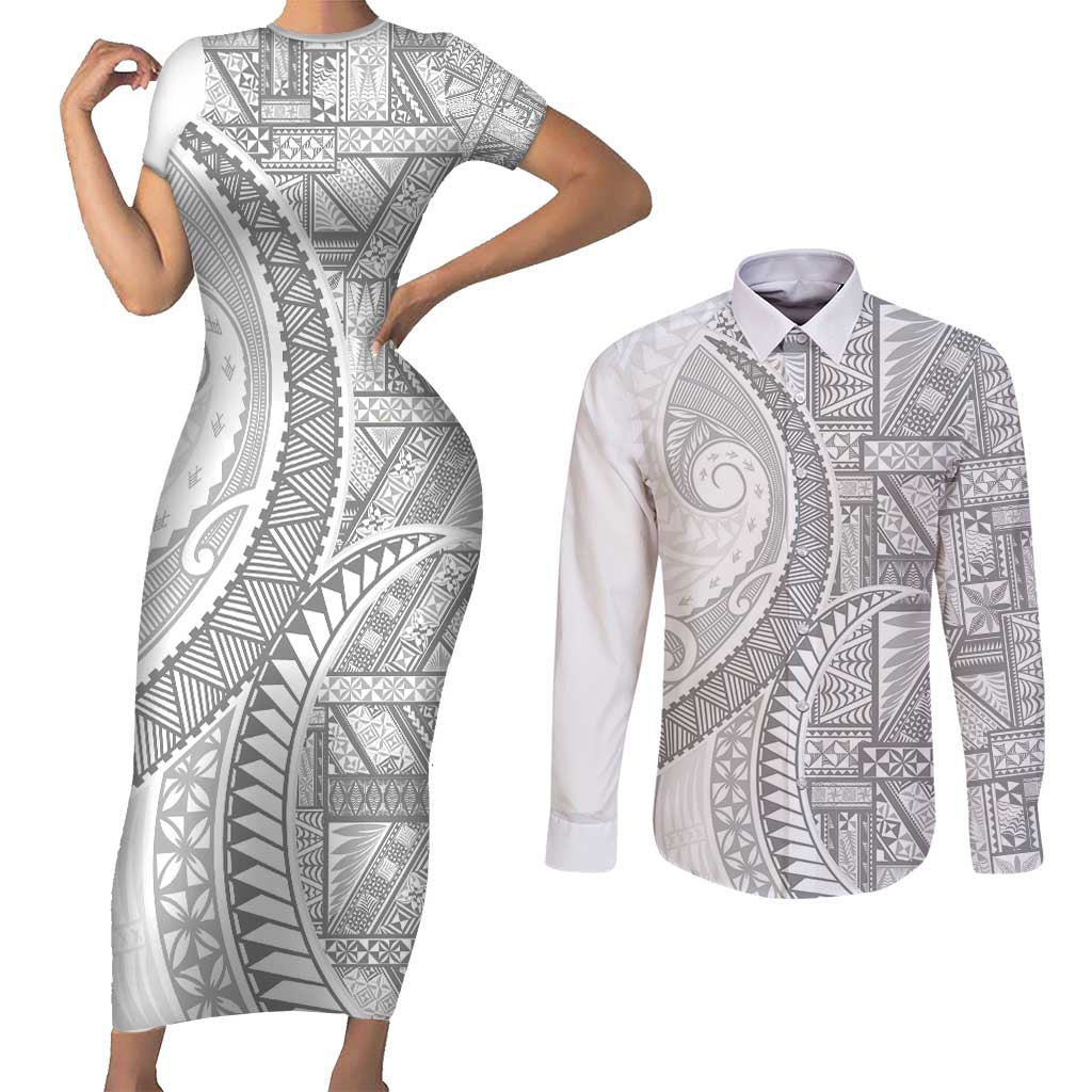 Tonga White Sunday Couples Matching Short Sleeve Bodycon Dress and Long Sleeve Button Shirt Lotu Tamaiti Ngatu Tribal - Polynesian Pride