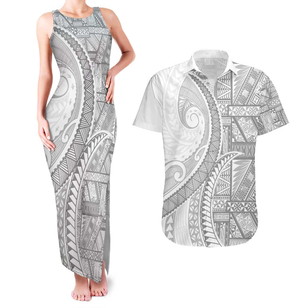 Tonga White Sunday Couples Matching Tank Maxi Dress and Hawaiian Shirt Lotu Tamaiti Ngatu Tribal LT9 White - Polynesian Pride