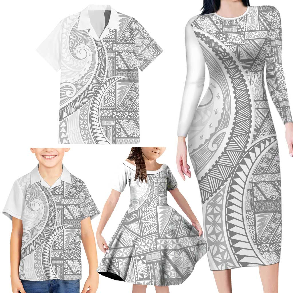 Tonga White Sunday Family Matching Long Sleeve Bodycon Dress and Hawaiian Shirt Lotu Tamaiti Ngatu Tribal LT9 - Polynesian Pride