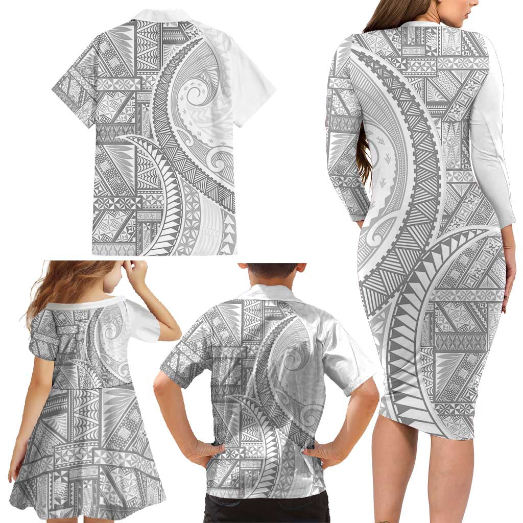 Tonga White Sunday Family Matching Long Sleeve Bodycon Dress and Hawaiian Shirt Lotu Tamaiti Ngatu Tribal LT9 - Polynesian Pride